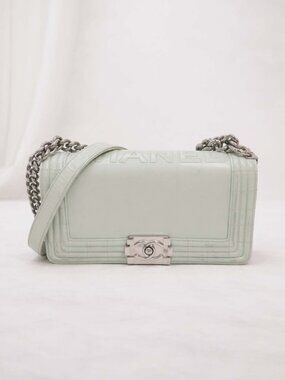 Authentic Chanel Boy Bag Mint Green Quilted Leather Flap Silver Chain CC Logo